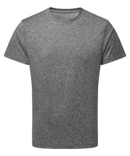 A grey performance T-shirt made from recycled materials, featuring a standard crew neck and short sleeves.