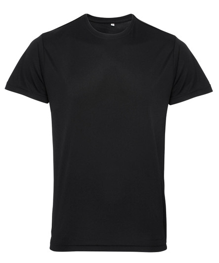 A black performance T-shirt made from recycled materials, featuring a logo on the front.