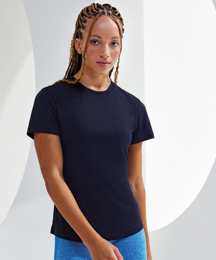 A black performance t-shirt displayed on a model, featuring short sleeves and a fitting design.