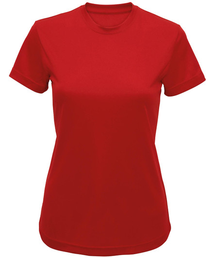 A red recycled performance t-shirt with short sleeves and a round neckline. It features a logo on the front.