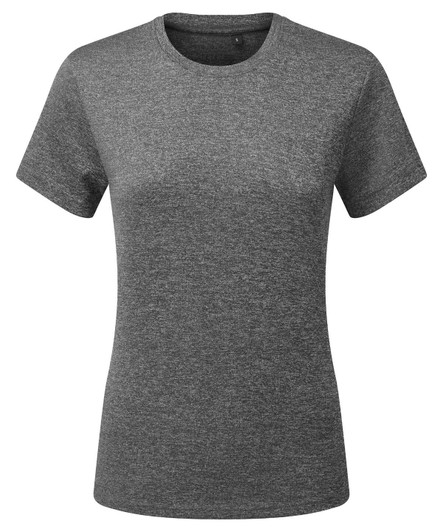 A grey textured T-shirt with short sleeves and a round neckline. It features a logo on the label.