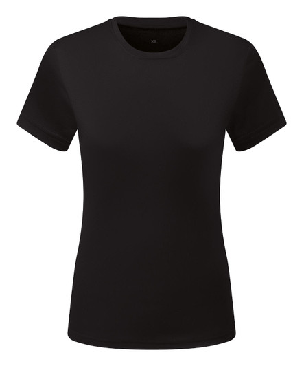A black textured T-shirt with a round neckline and short sleeves, featuring a logo.
