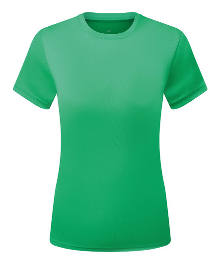 A green textured T-shirt with short sleeves, featuring a logo on the collar area.