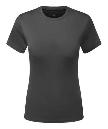 A dark grey, short-sleeved t-shirt with a fitted design and a logo on the front.