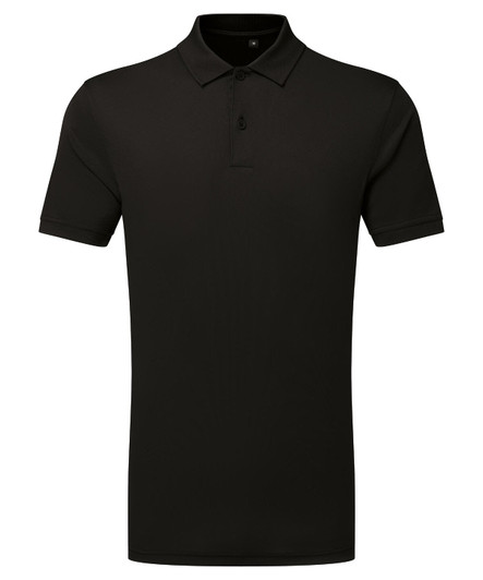 A black polo shirt with a classic collar and short sleeves, featuring a logo on the chest.