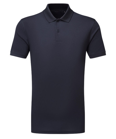 A navy blue textured polo shirt with a collared neck and a logo on the chest.