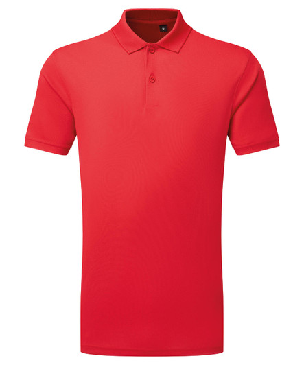 A red textured polo shirt featuring a collar and three-button placket, with a logo on the chest.