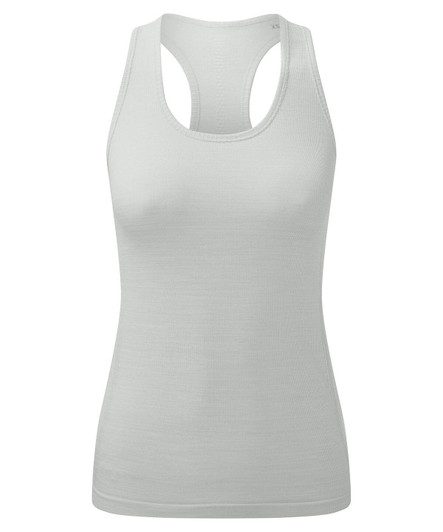 A white seamless tank vest with a racerback design and a simple logo on the side.