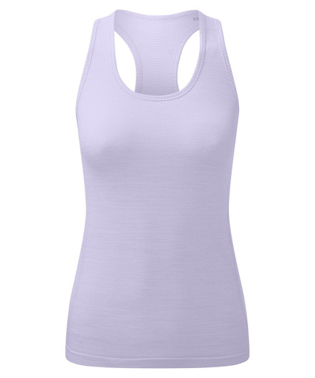 A lavender sport vest with a seamless design and racerback style, featuring a logo on the front.