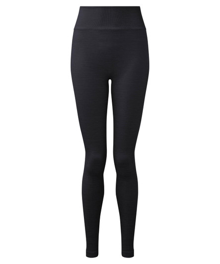 A pair of black seamless leggings featuring a high waist design. The leggings have a subtle texture and a logo.