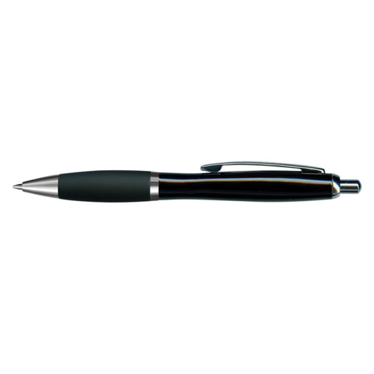 A metal pen with a sleek black design and a silver clip, featuring a comfortable grip.