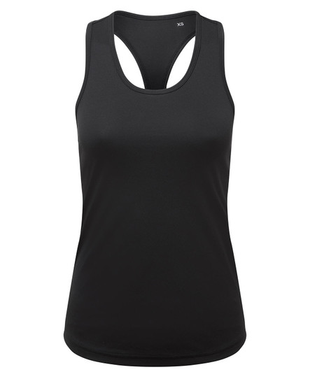 A black racerback vest made from recycled materials, featuring a stylish slim fit and a logo.