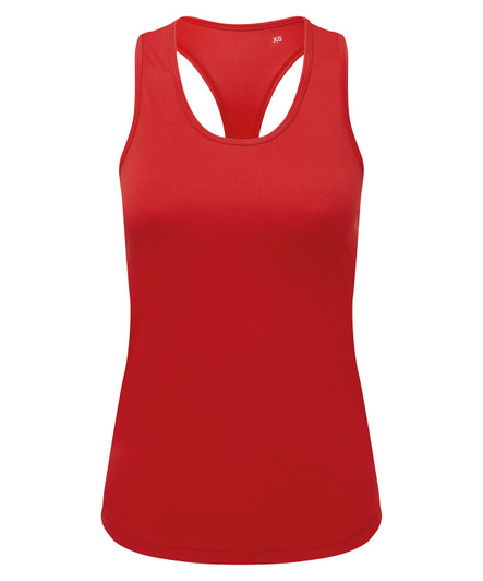 A red slim racerback vest made from recycled materials, featuring a subtle logo on the front.