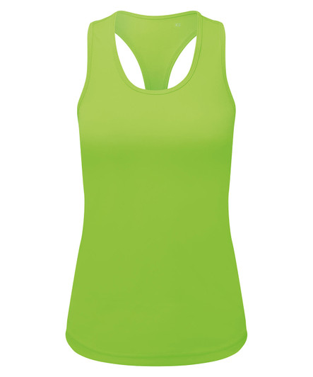 A bright green slim racerback vest featuring a stylish cut and a logo on the front.