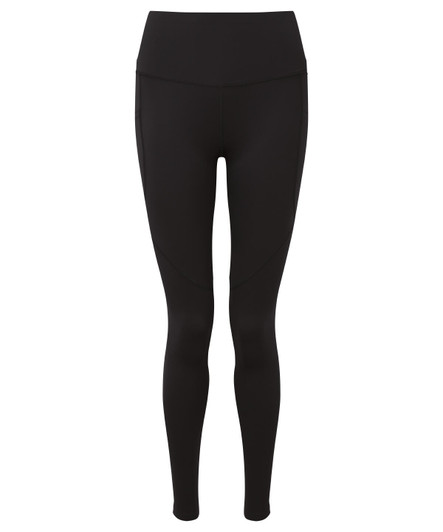 Black full-length leggings with a high waistband, featuring a logo on one side. Made from recycled performance material.