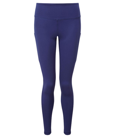 Full-length leggings in a deep navy blue. Features a high waistband and a logo on the waistband.