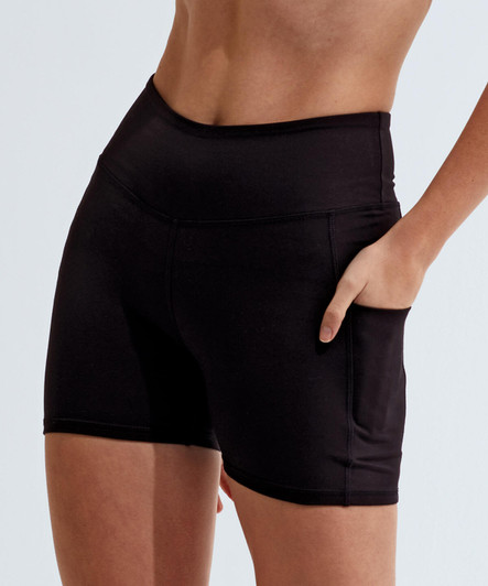 Black recycled micro shorts featuring a fitted design and side pocket. Also includes a logo on the waistband.