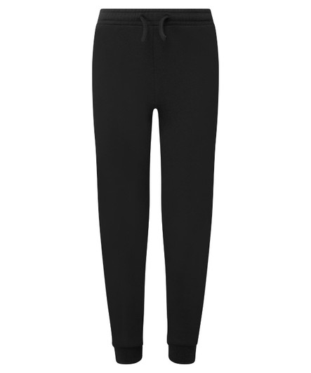 A pair of black joggers with an elastic waistband and cuffs, featuring a logo.