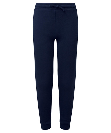 Navy recycled joggers with a drawstring waist and tapered cuffs. Feature branding on the garment.