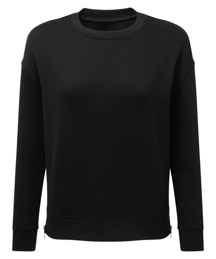 A black sweatshirt featuring a crew neck, long sleeves, and a relaxed fit. It has a logo on the front.