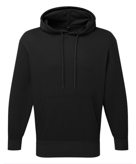 A black unisex hoodie featuring a front pocket and drawstrings, with a branding logo.