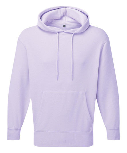 A unisex hoodie in a soft lilac colour, featuring a front pocket and a spacious hood. It has a logo on the front.