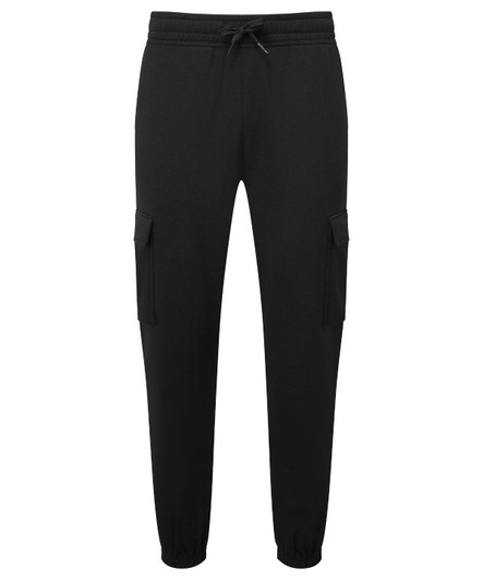 Unisex cargo joggers in black, featuring side pockets and an elastic waistband. Includes a logo.