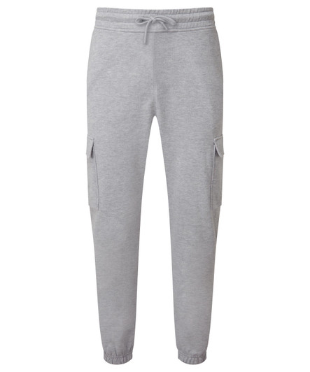 Grey unisex cargo joggers with side pockets and an elastic waistband. Features a logo.