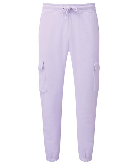 Unisex cargo joggers in light purple, featuring side pockets and a drawstring waist. Includes a logo.