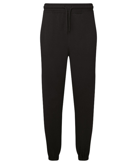Black unisex joggers made from recycled materials, featuring an elastic waistband and tapered cuffs.