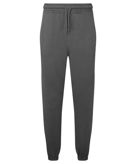Unisex recycled joggers in dark grey with an elastic waistband and cuffs, featuring a logo.