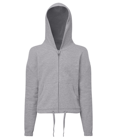 A grey cropped oversize full-zip hoodie with a hood and front pockets. It features a logo on the design.