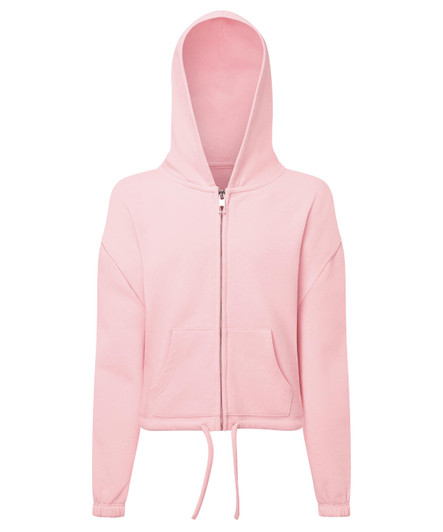 A pink cropped oversized full-zip hoodie featuring a hood, long sleeves, and a drawstring at the hem. It has a logo.