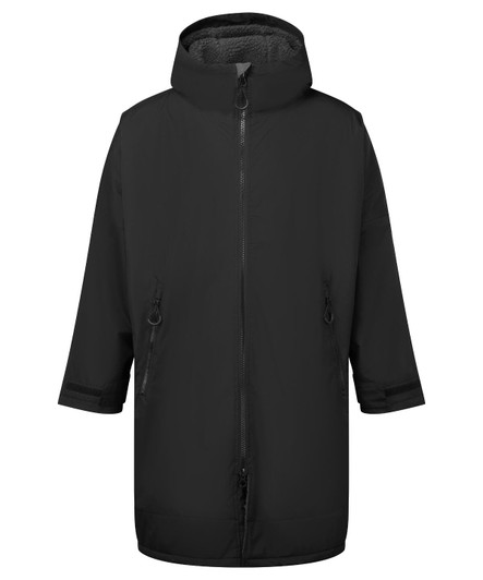 A black waterproof changing robe with a hood and zippered front, featuring side pockets and a relaxed fit.