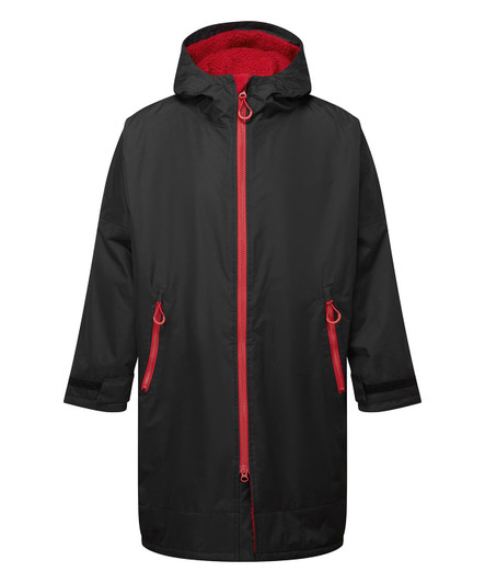 A black waterproof changing robe with a red interior and zip, featuring two front pockets and a hood.