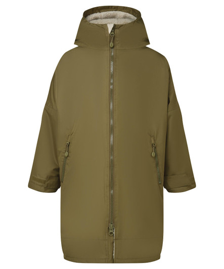 A green waterproof changing robe with a hood, featuring a zip front and side pockets. It has a soft inner lining.