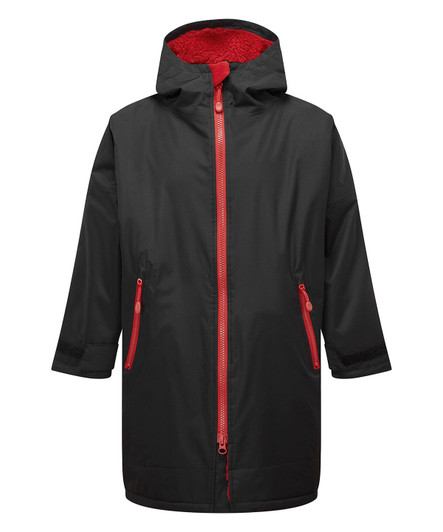 A black waterproof changing robe with a red interior and zippers, featuring a hood and two side pockets.