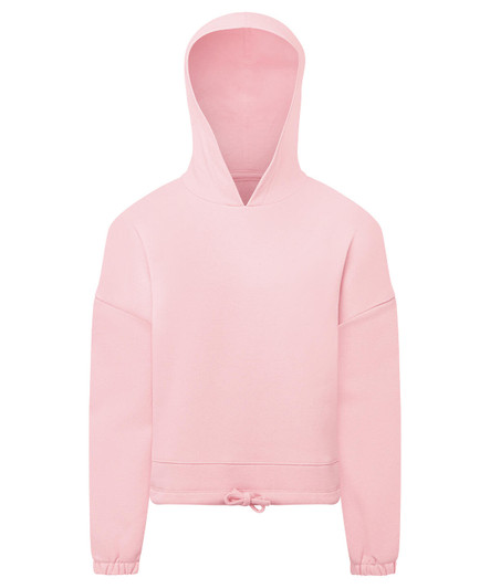 A pink cropped oversize hoodie with long sleeves and a drawstring hem, featuring a hood.