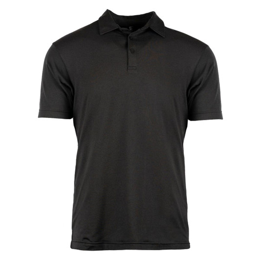 A black soft jersey polo shirt with a collar and short sleeves, featuring a logo on the chest.
