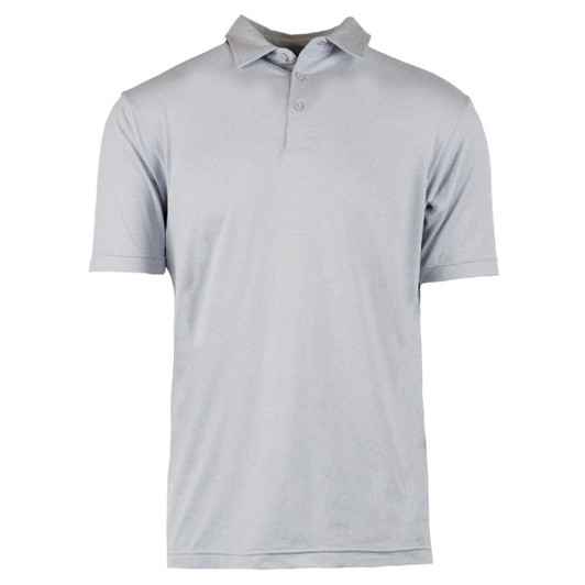 A light grey soft jersey polo shirt featuring a collar and short sleeves, with a logo on the chest.