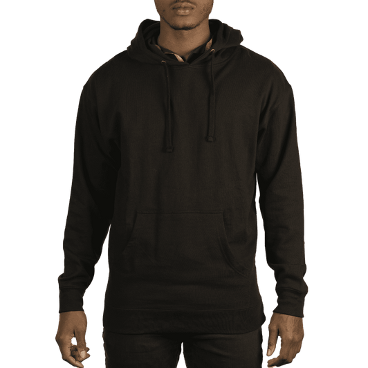 A black pullover crewneck hoodie with a front pocket and drawstring hood. It features a subtle logo on the chest.