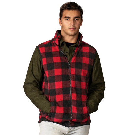A red and black checkered fleece vest on a model, featuring a zip front and a collar. The vest has a logo.
