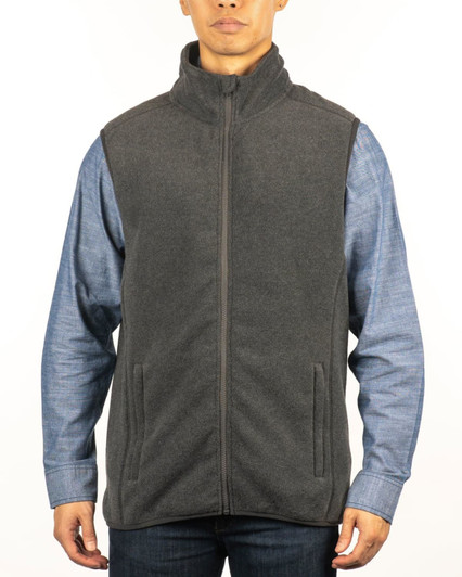 A grey full zip Arctic polar fleece vest worn over a blue long-sleeve shirt, featuring side pockets and a collar.