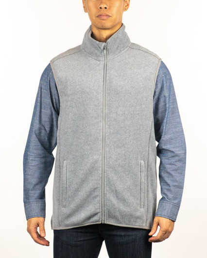 A grey full zip Arctic polar fleece vest on a model, featuring a high collar and side pockets.