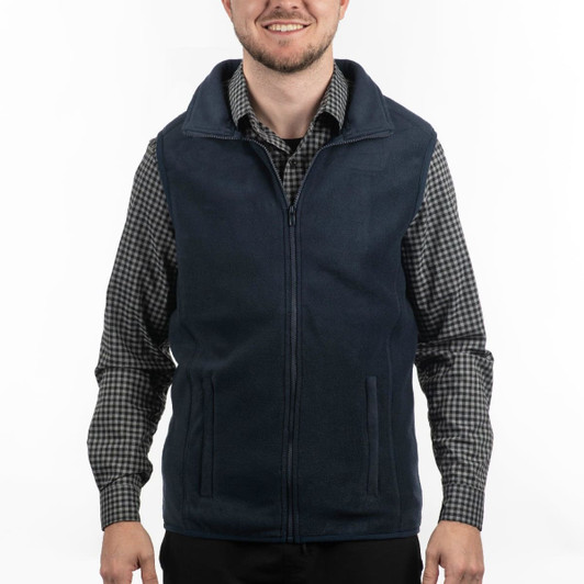 A navy blue full zip Arctic polar fleece vest displayed on a man wearing a checkered shirt. The vest features a logo.