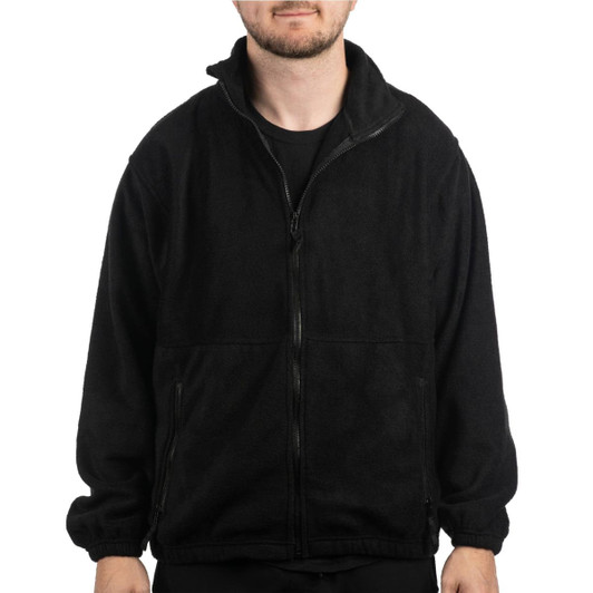 A full zip polar fleece jacket in black, featuring a high collar and two side pockets.