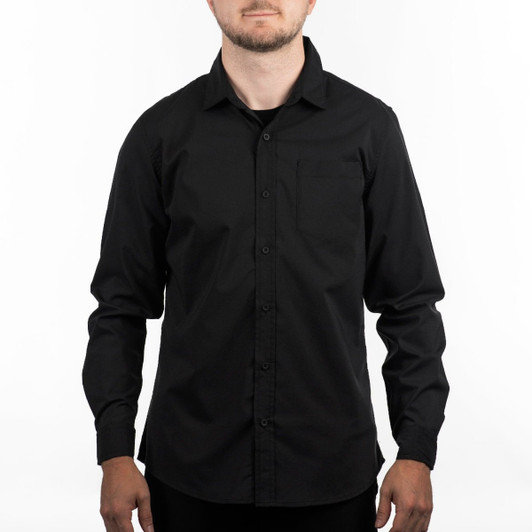 A black stretched poplin shirt featuring a front pocket and button-up design, displayed on a model against a white background.
