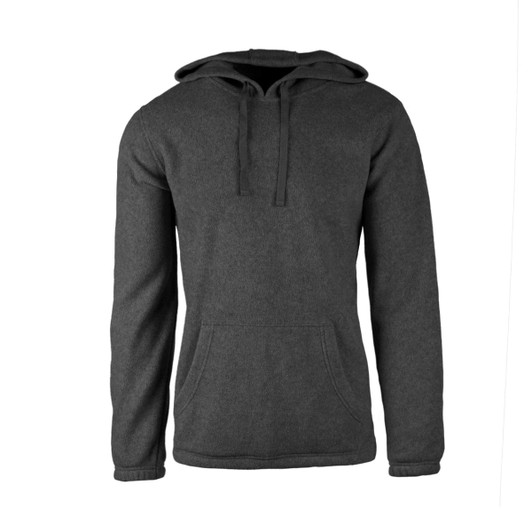 A grey pullover hoodie with a front pocket and drawstring hood, featuring a logo on the chest.
