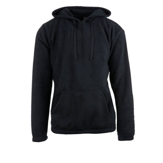 A black pullover hoodie featuring a front pocket and a drawstring hood. It has a logo on it.