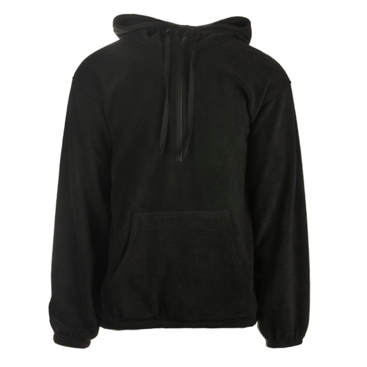 A black 1/4 zip polar fleece hoodie with a front pocket and a hood. It features a logo on one sleeve.